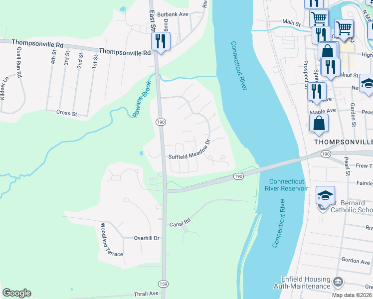 map of restaurants, bars, coffee shops, grocery stores, and more near 17 Pebblestone Circle in Suffield