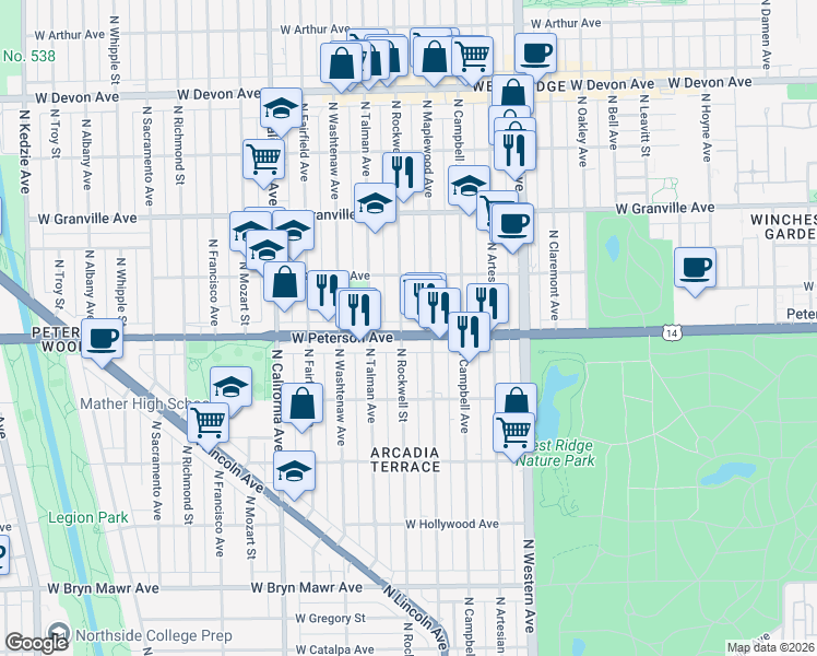 map of restaurants, bars, coffee shops, grocery stores, and more near in Chicago