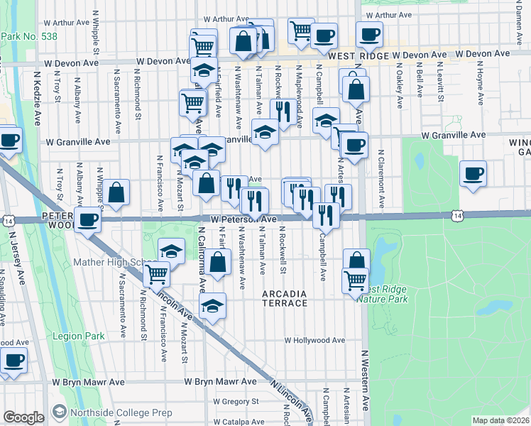 map of restaurants, bars, coffee shops, grocery stores, and more near 6019 North Talman Avenue in Chicago