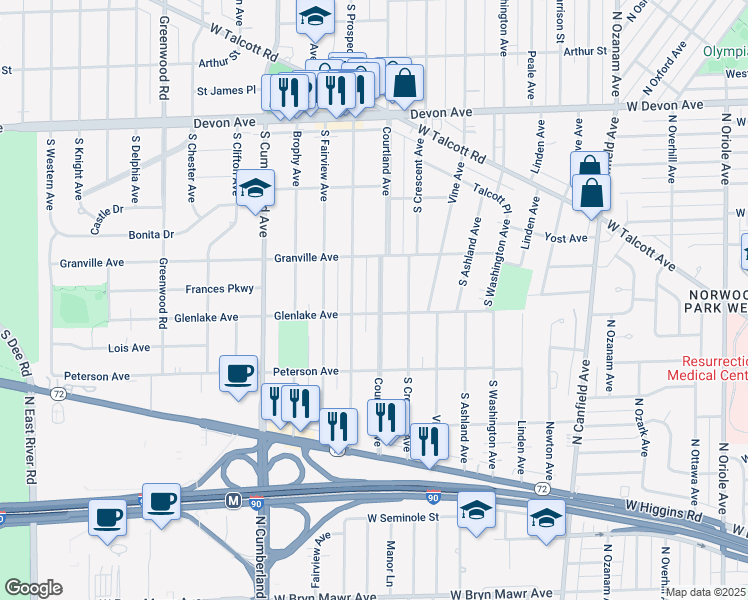 map of restaurants, bars, coffee shops, grocery stores, and more near 1529 South Prospect Avenue in Park Ridge