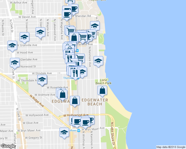 map of restaurants, bars, coffee shops, grocery stores, and more near 6002 North Kenmore Avenue in Chicago