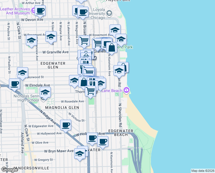 map of restaurants, bars, coffee shops, grocery stores, and more near 6002 North Kenmore Avenue in Chicago