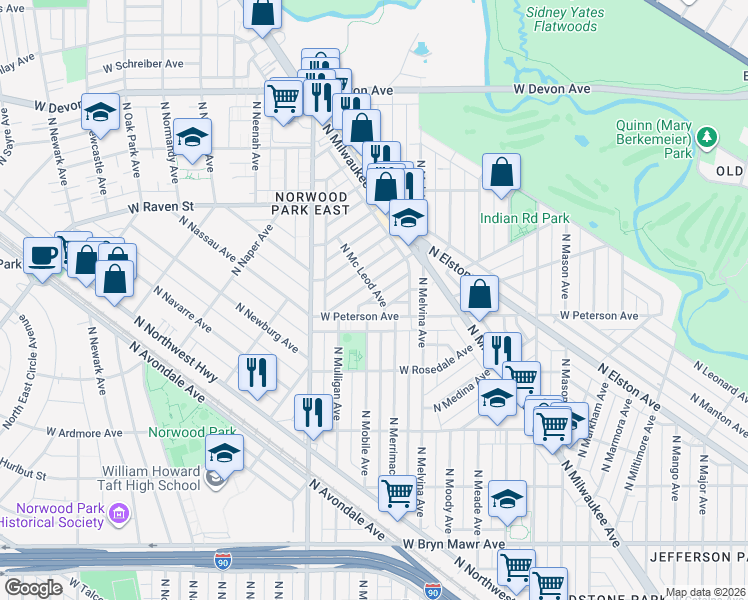 map of restaurants, bars, coffee shops, grocery stores, and more near 6255 West Holbrook Street in Chicago