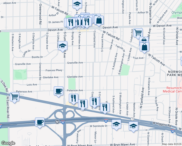 map of restaurants, bars, coffee shops, grocery stores, and more near 1529 South Prospect Avenue in Park Ridge