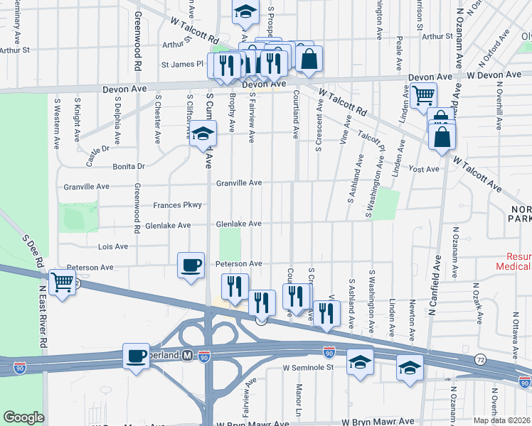 map of restaurants, bars, coffee shops, grocery stores, and more near 1529 South Prospect Avenue in Park Ridge