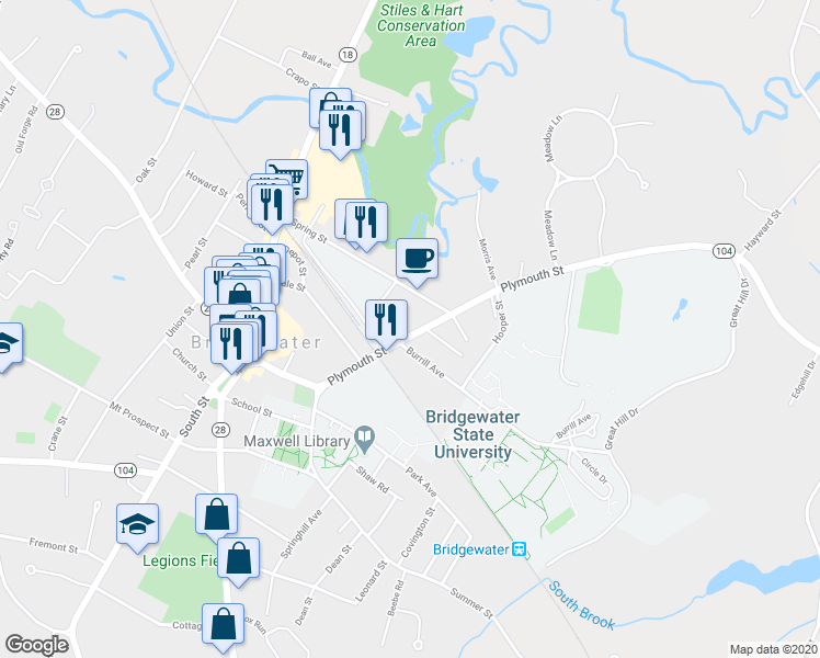 map of restaurants, bars, coffee shops, grocery stores, and more near 112 Plymouth Street in Bridgewater
