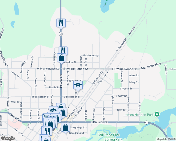 map of restaurants, bars, coffee shops, grocery stores, and more near 225 East Prairie Ronde Street in Dowagiac