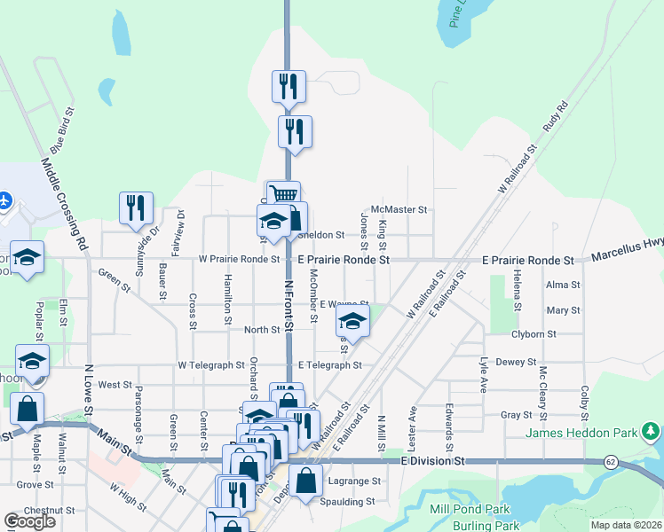 map of restaurants, bars, coffee shops, grocery stores, and more near 214 East Prairie Ronde Street in Dowagiac