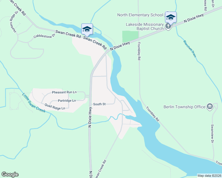 map of restaurants, bars, coffee shops, grocery stores, and more near 7798 Swan Creek Road in Charter Township of Berlin