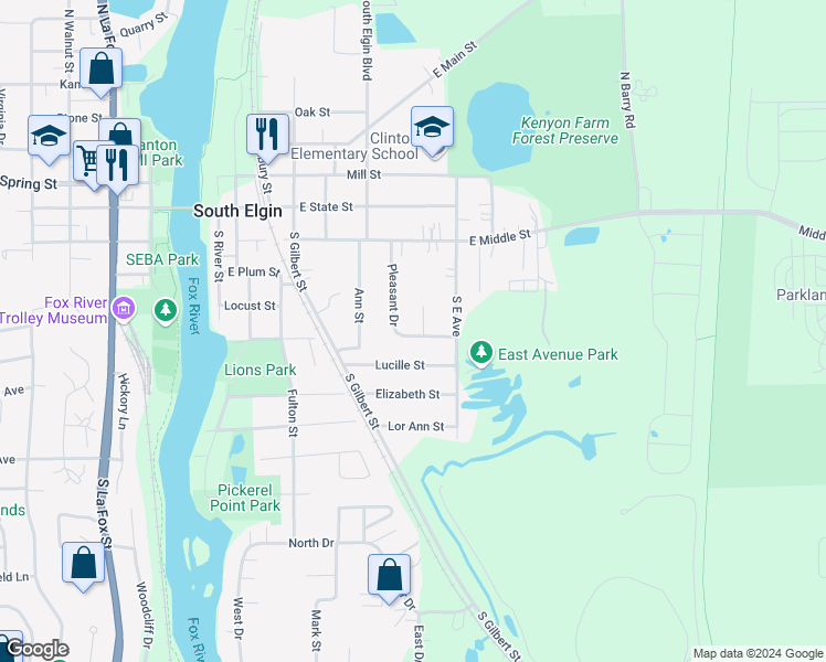 map of restaurants, bars, coffee shops, grocery stores, and more near 722 Pleasant Drive in South Elgin