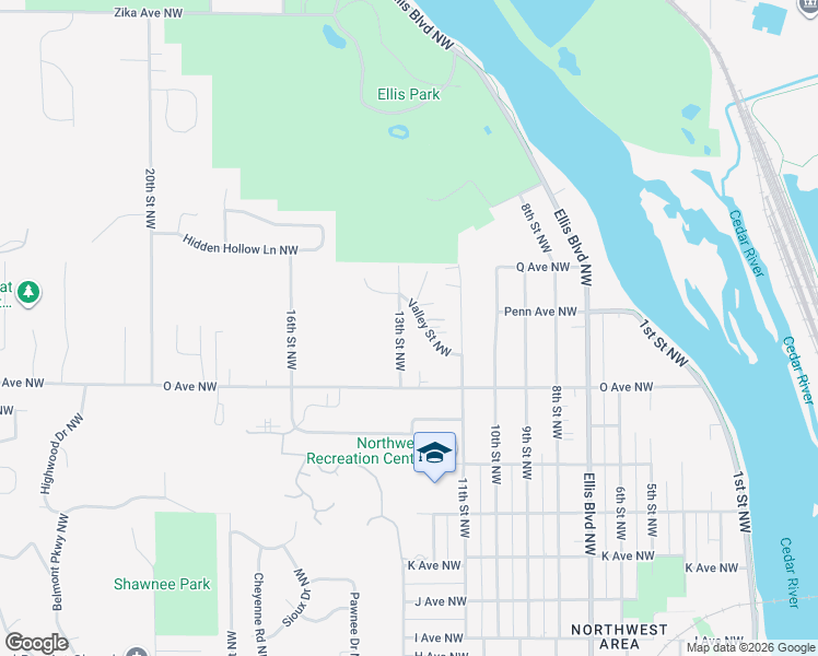 map of restaurants, bars, coffee shops, grocery stores, and more near 1674 Valley Street Northwest in Cedar Rapids