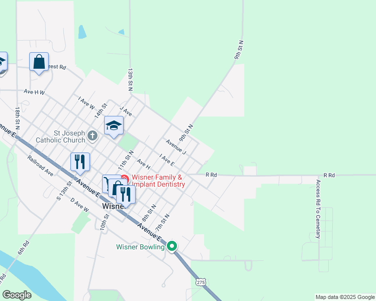 map of restaurants, bars, coffee shops, grocery stores, and more near 1001 8th Street North in Wisner