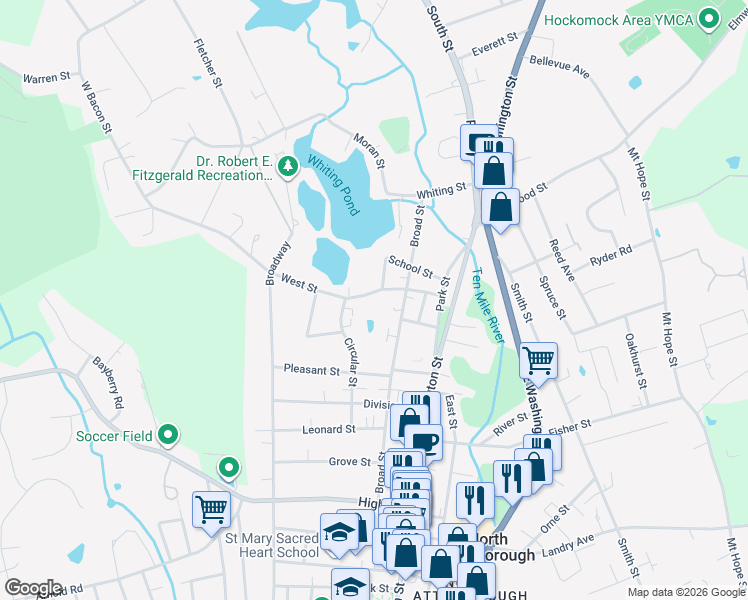 map of restaurants, bars, coffee shops, grocery stores, and more near 60 West Street in North Attleborough