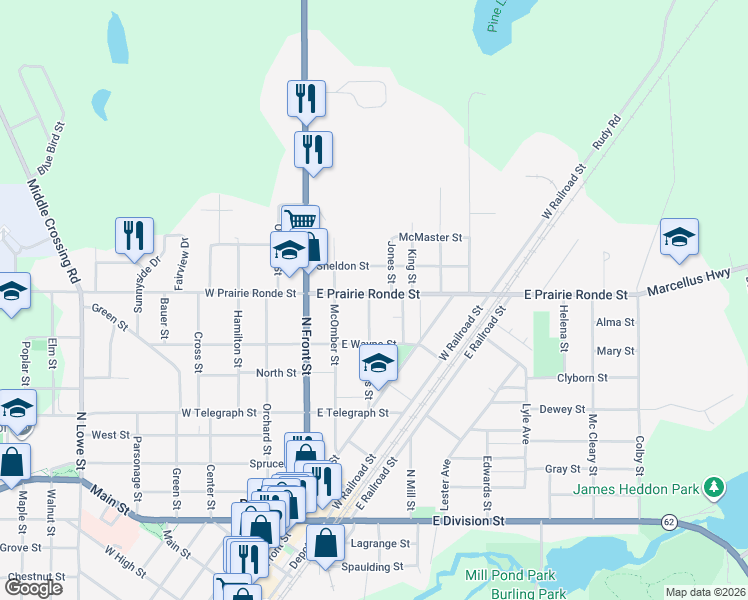 map of restaurants, bars, coffee shops, grocery stores, and more near 214 East Prairie Ronde Street in Dowagiac