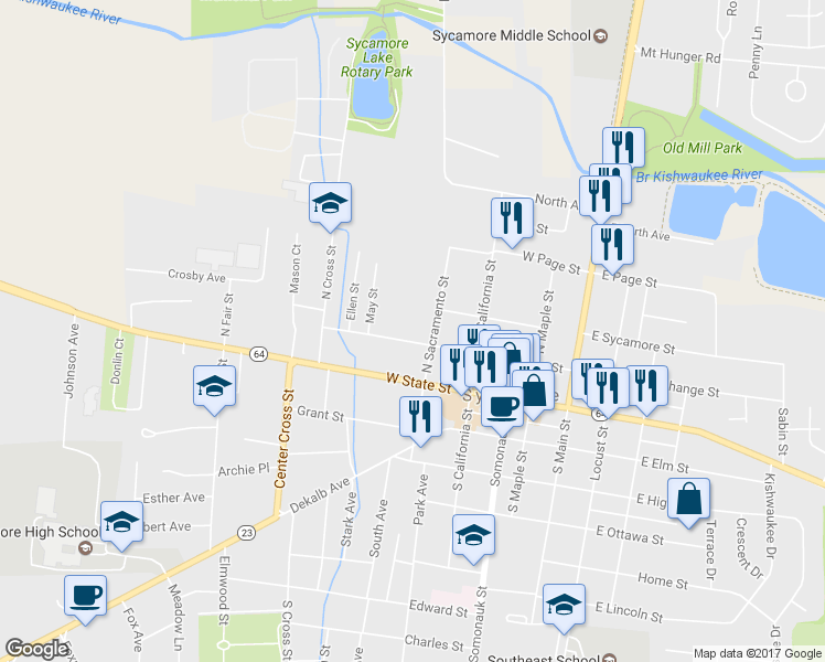 map of restaurants, bars, coffee shops, grocery stores, and more near 421 West Exchange Street in Sycamore