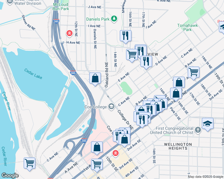 map of restaurants, bars, coffee shops, grocery stores, and more near 1321 East Avenue Northeast in Cedar Rapids