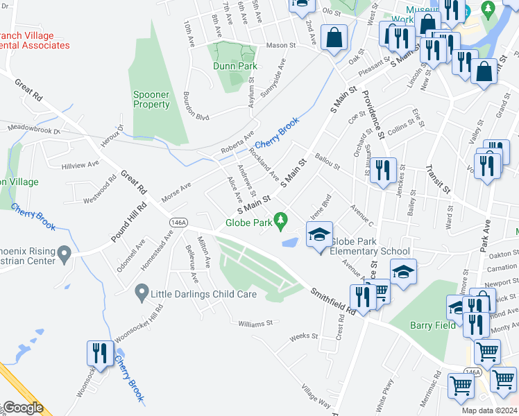 map of restaurants, bars, coffee shops, grocery stores, and more near 13 Bradford Street in Woonsocket