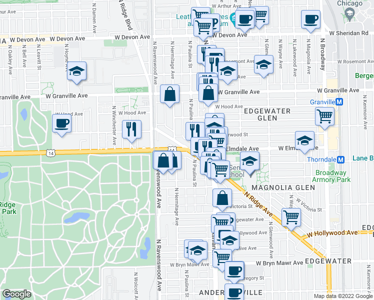 map of restaurants, bars, coffee shops, grocery stores, and more near W Peterson Ave & N Ridge Ave in Chicago