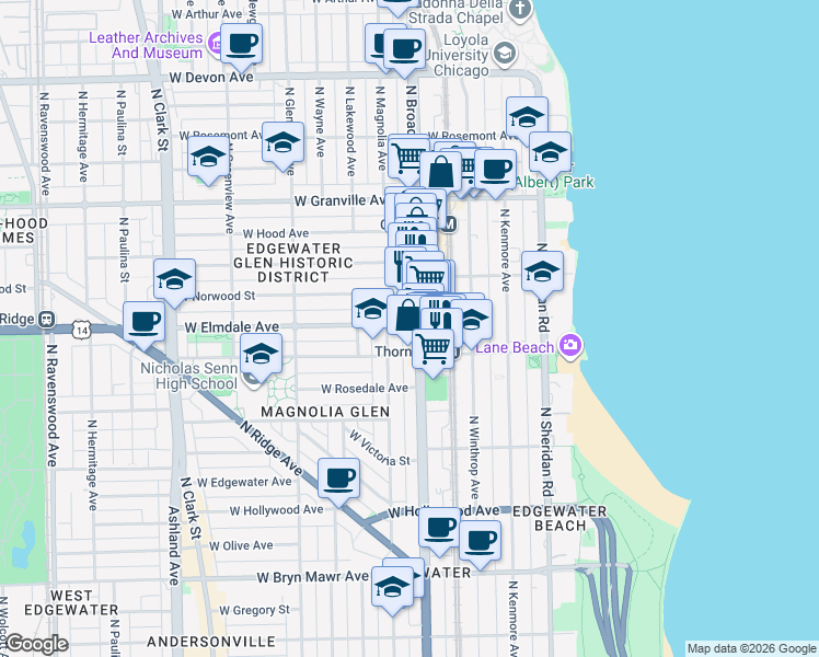 map of restaurants, bars, coffee shops, grocery stores, and more near 6019 North Broadway in Chicago