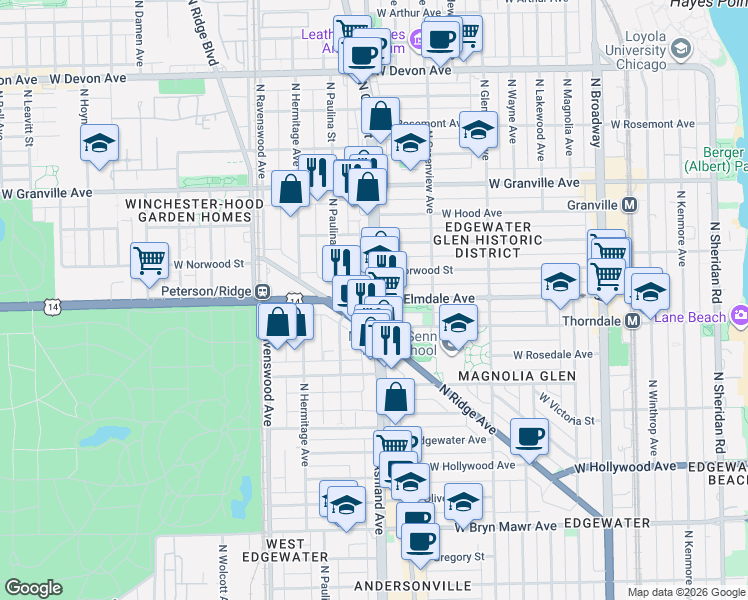 map of restaurants, bars, coffee shops, grocery stores, and more near W Peterson Ave & N Clark St in Chicago