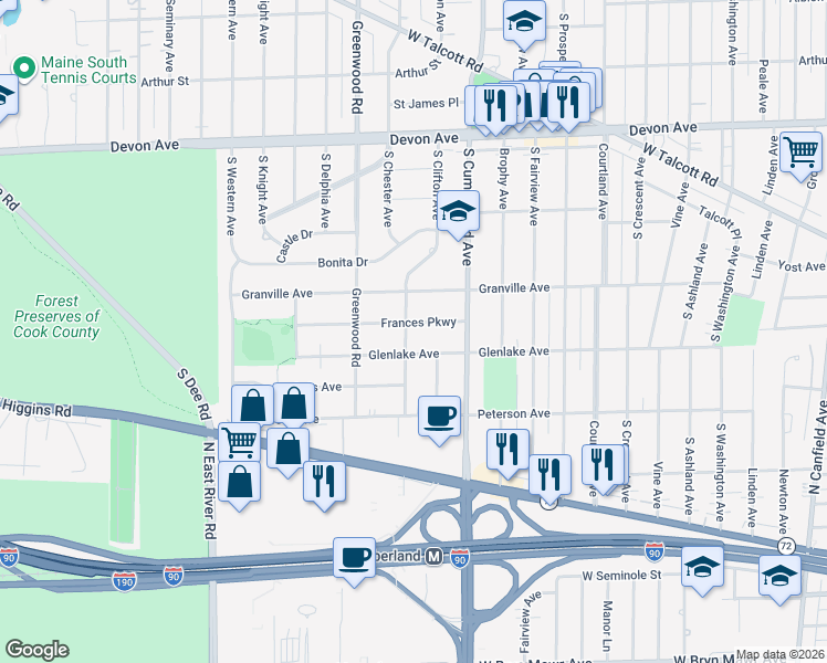 map of restaurants, bars, coffee shops, grocery stores, and more near 1015 Frances Parkway in Park Ridge