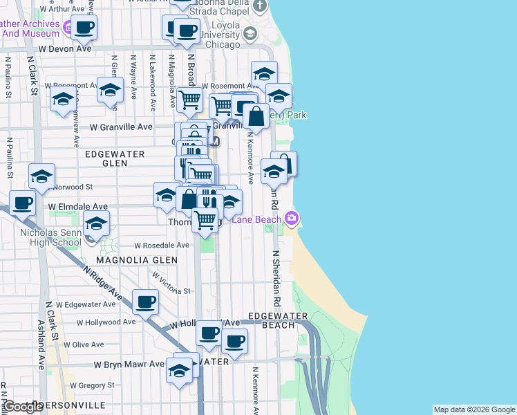map of restaurants, bars, coffee shops, grocery stores, and more near 6002 North Kenmore Avenue in Chicago