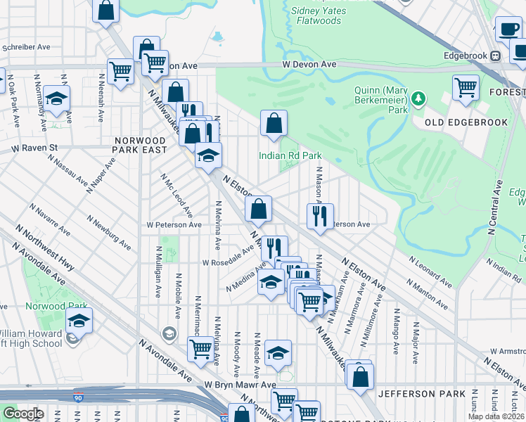 map of restaurants, bars, coffee shops, grocery stores, and more near 6101 West Miami Avenue in Chicago