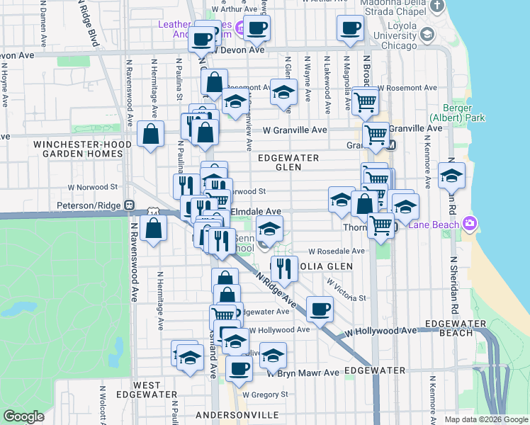 map of restaurants, bars, coffee shops, grocery stores, and more near 1460 West Elmdale Avenue in Chicago