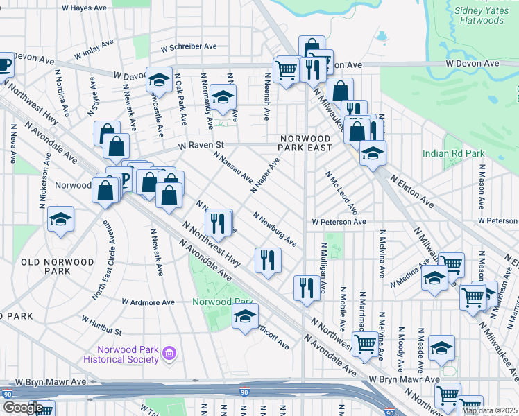 map of restaurants, bars, coffee shops, grocery stores, and more near 6039 North Newburg Avenue in Chicago