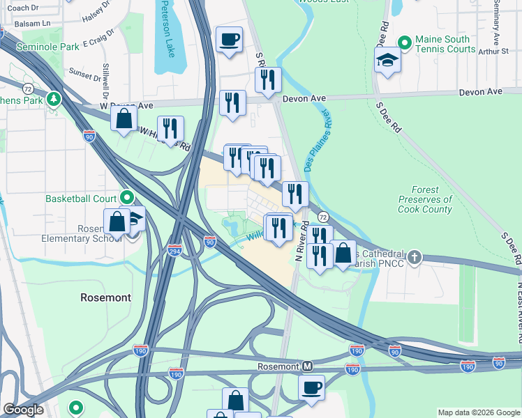 map of restaurants, bars, coffee shops, grocery stores, and more near 9456 Maple Drive in Rosemont