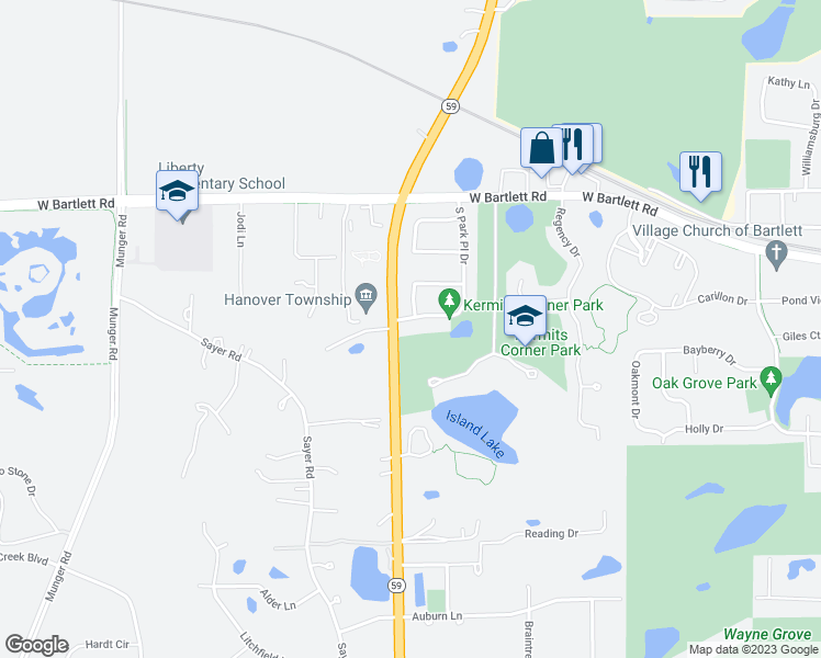 map of restaurants, bars, coffee shops, grocery stores, and more near 1055 West Park Place Drive in Bartlett