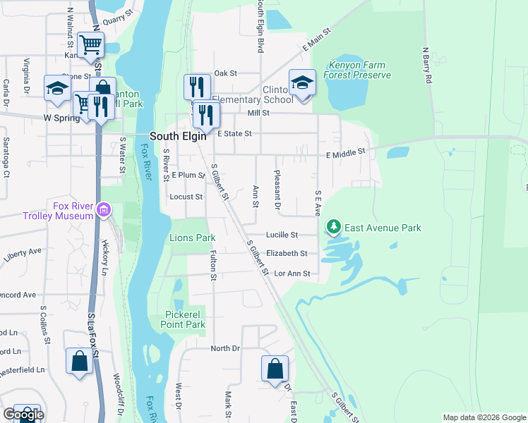 map of restaurants, bars, coffee shops, grocery stores, and more near 369 Ann Street in South Elgin