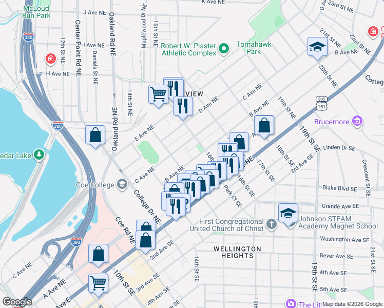 map of restaurants, bars, coffee shops, grocery stores, and more near 1544 B Avenue Northeast in Cedar Rapids