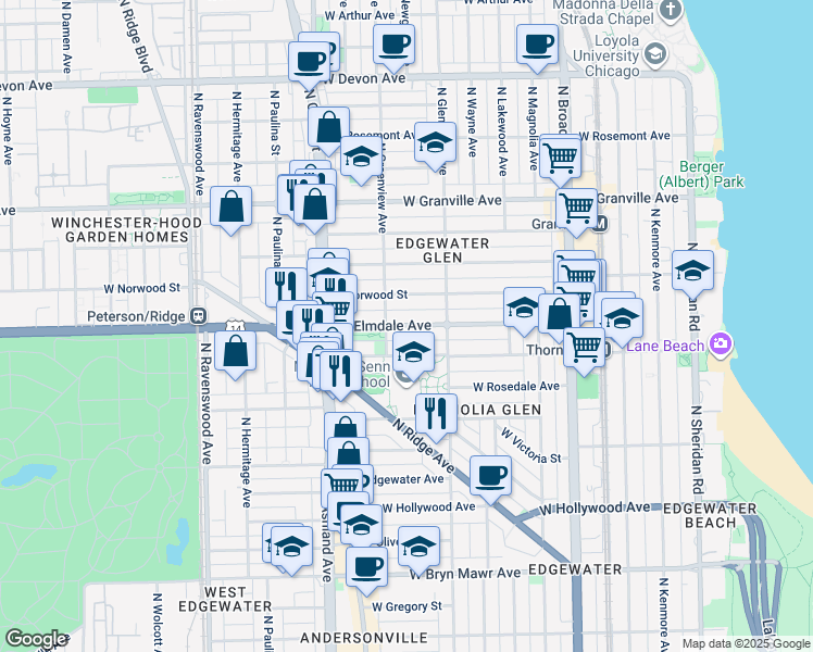 map of restaurants, bars, coffee shops, grocery stores, and more near 1460 West Elmdale Avenue in Chicago