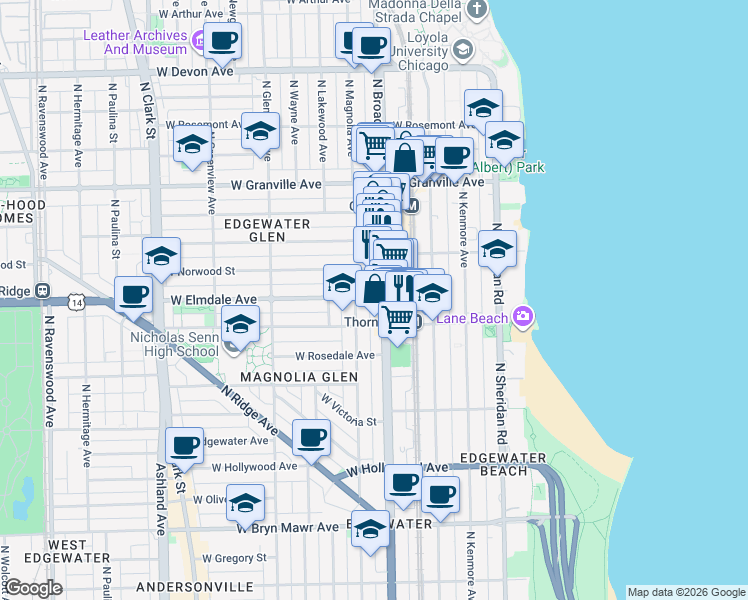 map of restaurants, bars, coffee shops, grocery stores, and more near 1211 West Elmdale Avenue in Chicago