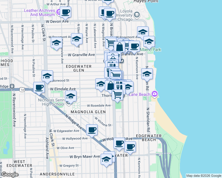map of restaurants, bars, coffee shops, grocery stores, and more near 6009 North Broadway in Chicago