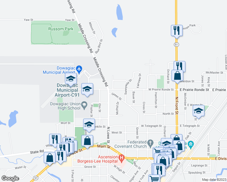 map of restaurants, bars, coffee shops, grocery stores, and more near 610 Green Street in Dowagiac