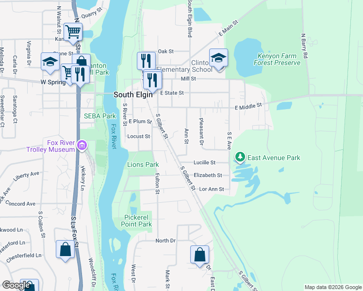 map of restaurants, bars, coffee shops, grocery stores, and more near 393 South Gilbert Street in South Elgin