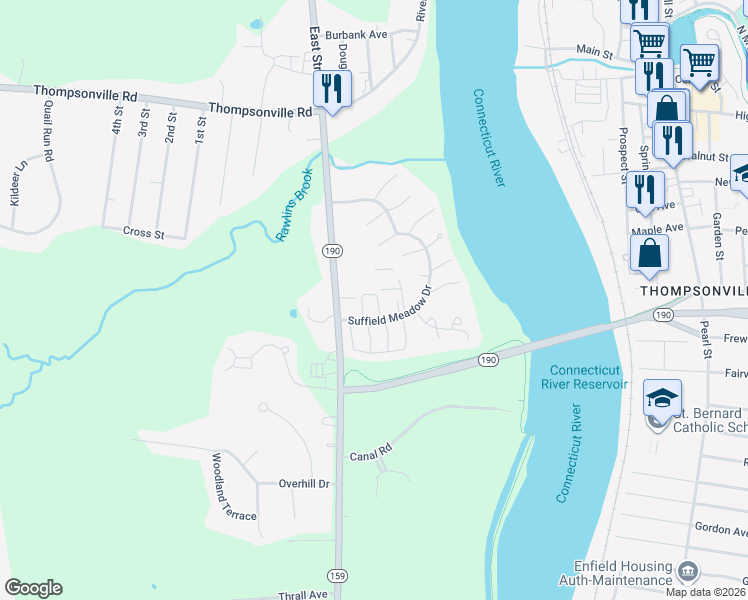 map of restaurants, bars, coffee shops, grocery stores, and more near 17 Pebblestone Circle in Suffield