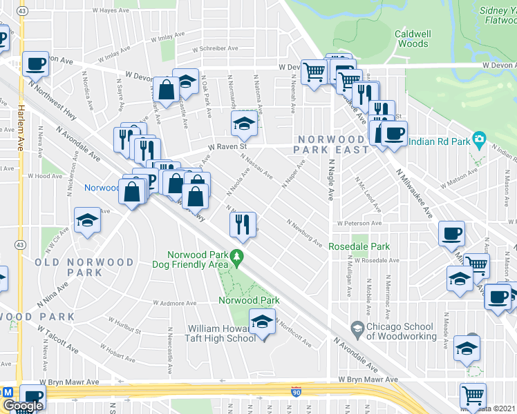 map of restaurants, bars, coffee shops, grocery stores, and more near 6058 N Newburg Ave in Chicago