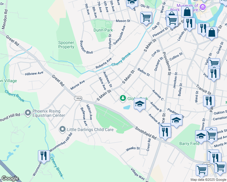 map of restaurants, bars, coffee shops, grocery stores, and more near 11 Bradford Street in Woonsocket