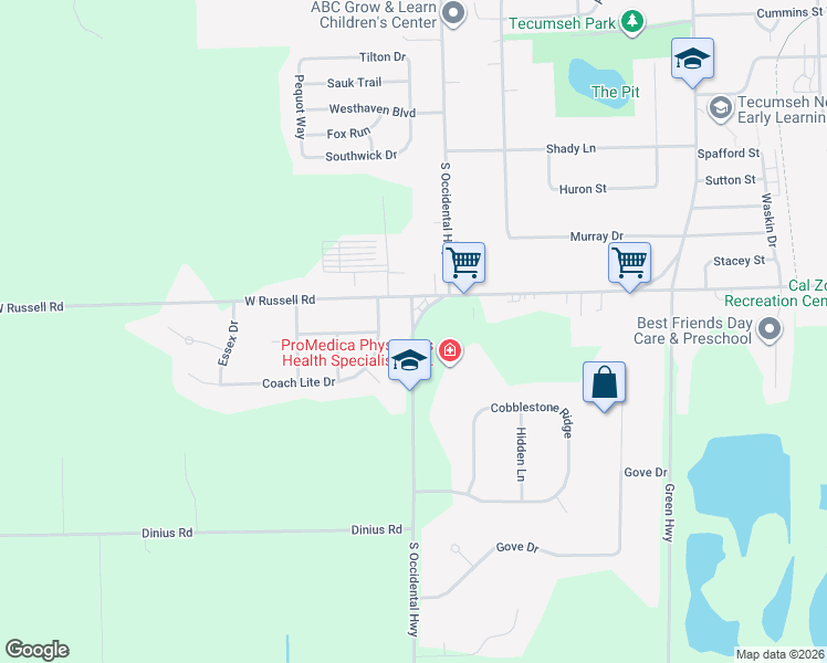 map of restaurants, bars, coffee shops, grocery stores, and more near 6799 South Occidental Highway in Tecumseh
