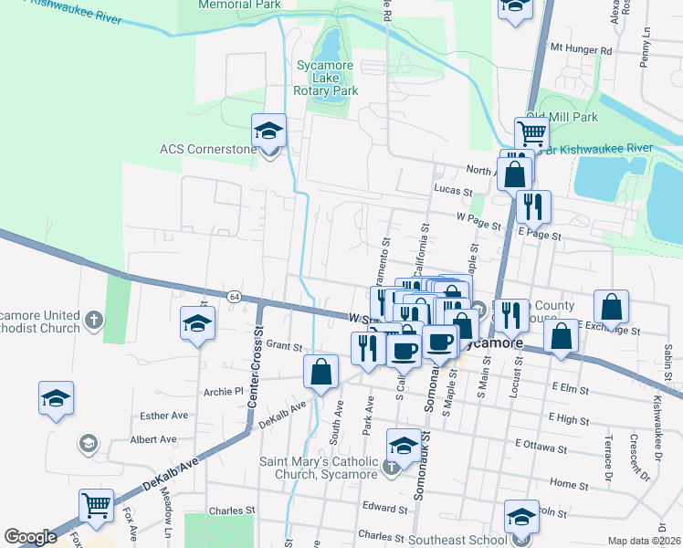 map of restaurants, bars, coffee shops, grocery stores, and more near 463 West Exchange Street in Sycamore