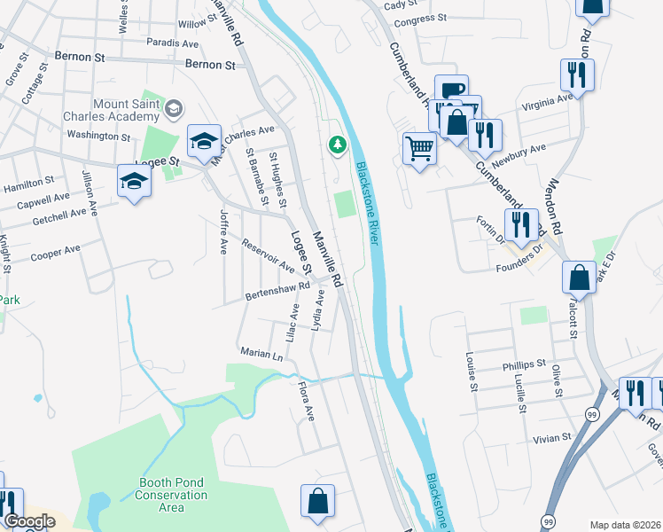 map of restaurants, bars, coffee shops, grocery stores, and more near 918 Manville Road in Woonsocket