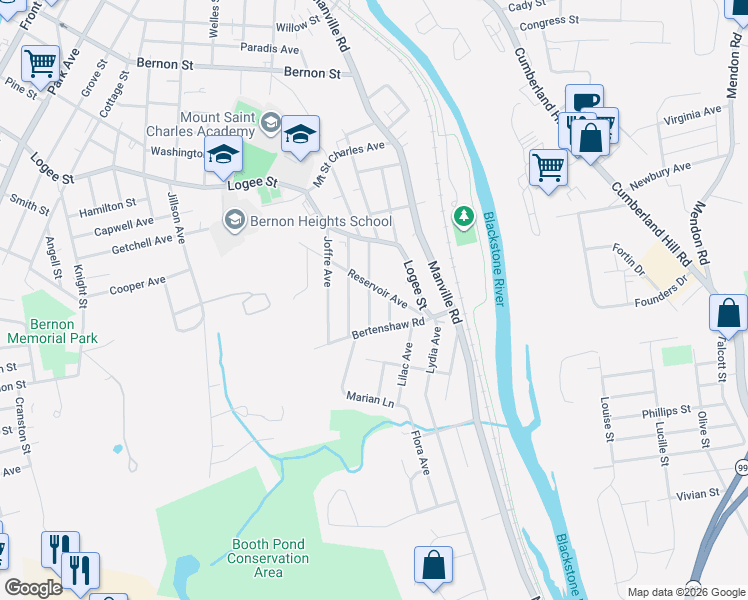 map of restaurants, bars, coffee shops, grocery stores, and more near 134 Glendale Ave in Woonsocket