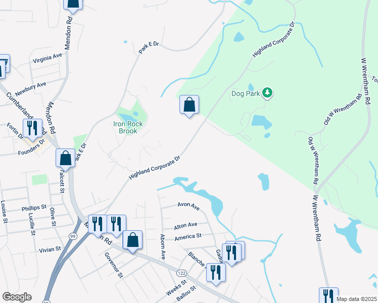 map of restaurants, bars, coffee shops, grocery stores, and more near 200 Highland Corporate Drive in Cumberland