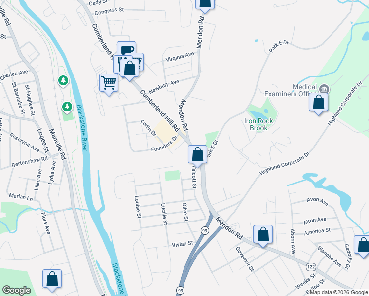 map of restaurants, bars, coffee shops, grocery stores, and more near 51 Carriere Avenue in Woonsocket