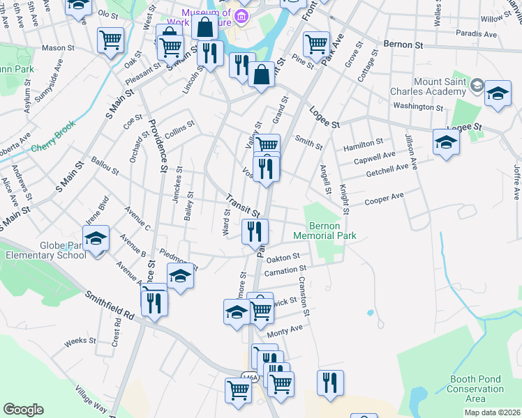 map of restaurants, bars, coffee shops, grocery stores, and more near 432 Transit Street in Woonsocket