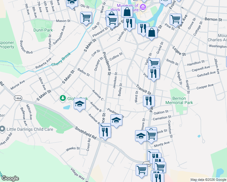 map of restaurants, bars, coffee shops, grocery stores, and more near 239 Bailey Street in Woonsocket