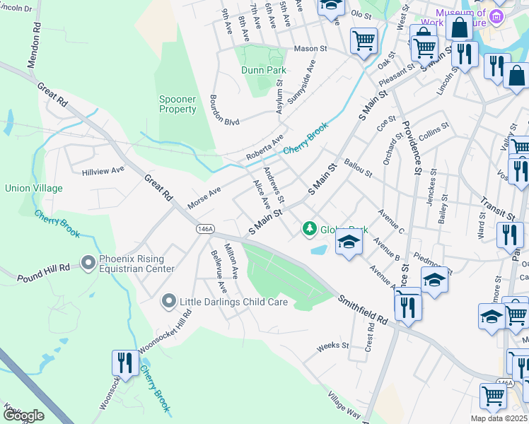 map of restaurants, bars, coffee shops, grocery stores, and more near 29 Alice Avenue in Woonsocket